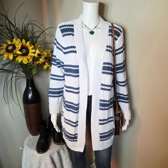 L.L. Bean Sweaters - L. L. Bean Cotton large Striped Blue and White Women's Cardigan